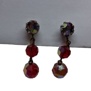 Mid-Century Vintage 1950s Red AB Crystal Drop Dangle Clip On Earrings